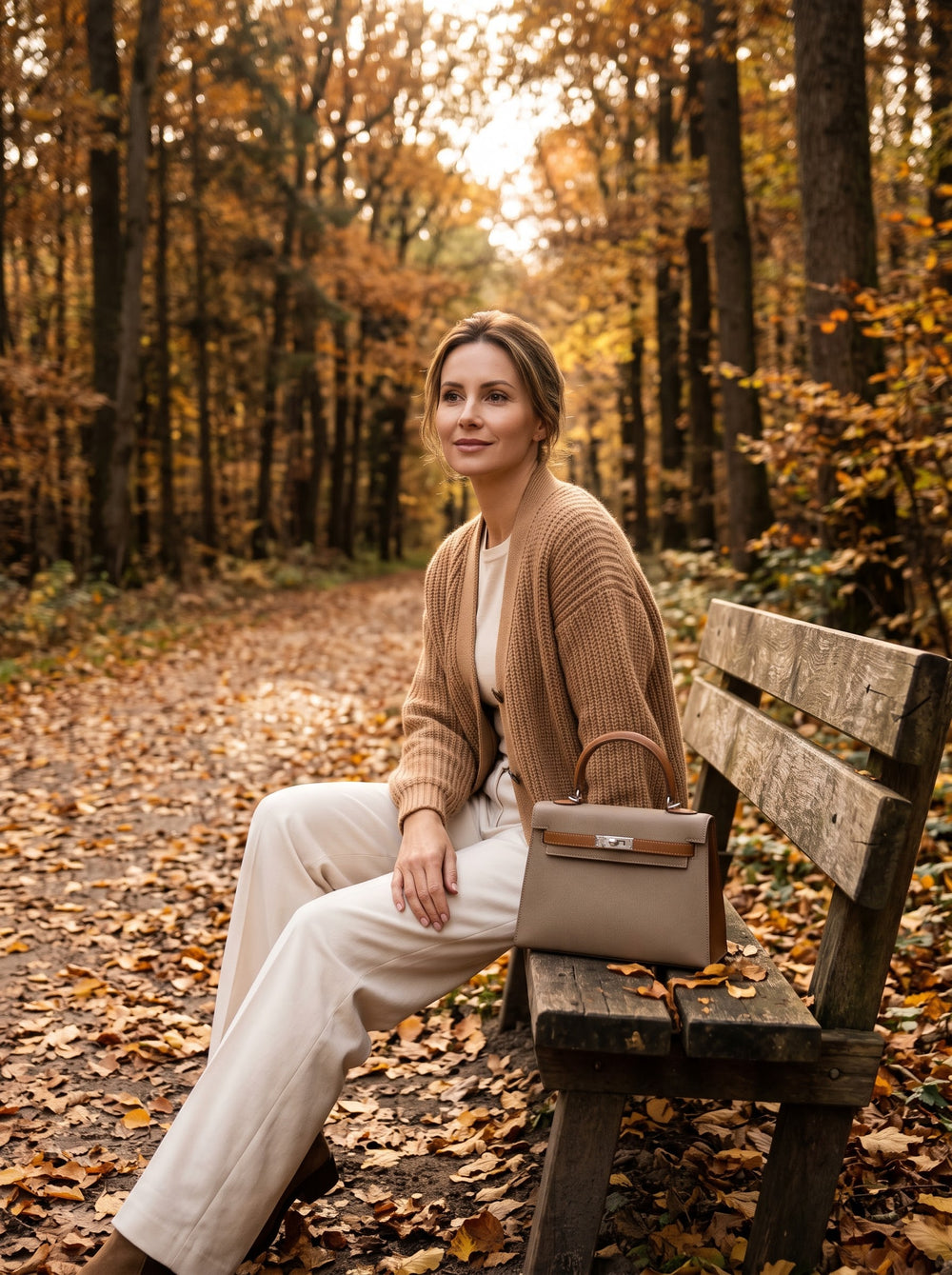 Visuel d'ambiance : pause sur un banc en bois, cardigan camel et Milano 22 kaki